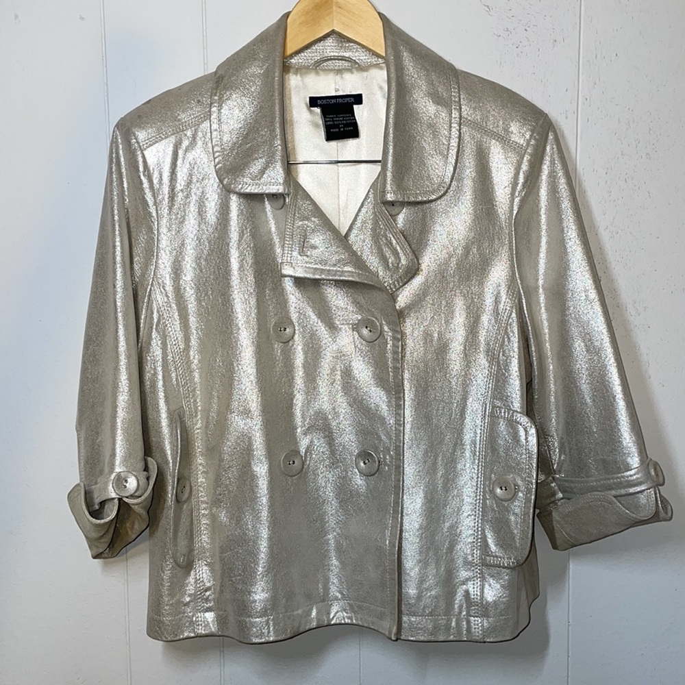 Boston Proper Silver Genuine Vintage Napa Leather Peacoat Jacket